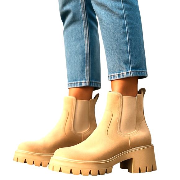 ZBY 11 Cream Women's Combat Ankle Boots 3 Inch High Heel Shoe Chunky - Picture 1 of 8